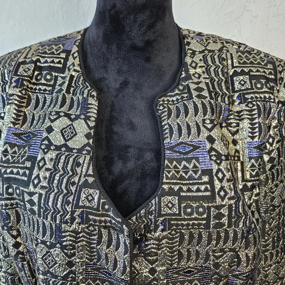 Patra Vintage 80's Gold Metallic Long Sleeve Tapestry Jacket Geometric Sz 16 - Picture 2 of 14